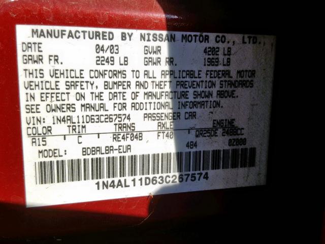 1N4AL11D63C267574 - 2003 NISSAN ALTIMA BAS RED photo 10