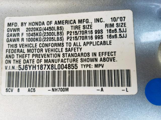 5J6YH187X8L004855 - 2008 HONDA ELEMENT EX GRAY photo 10