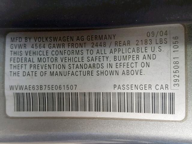 WVWAE63B75E061507 - 2005 VOLKSWAGEN PASSAT GLS SILVER photo 10