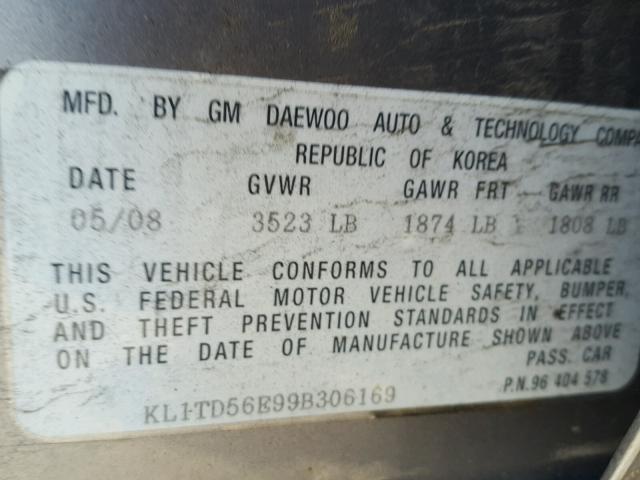 KL1TD56E99B306169 - 2009 CHEVROLET AVEO LS GRAY photo 10