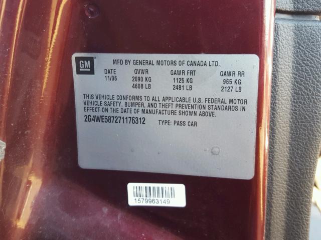 2G4WE587271176312 - 2007 BUICK LACROSSE C MAROON photo 10