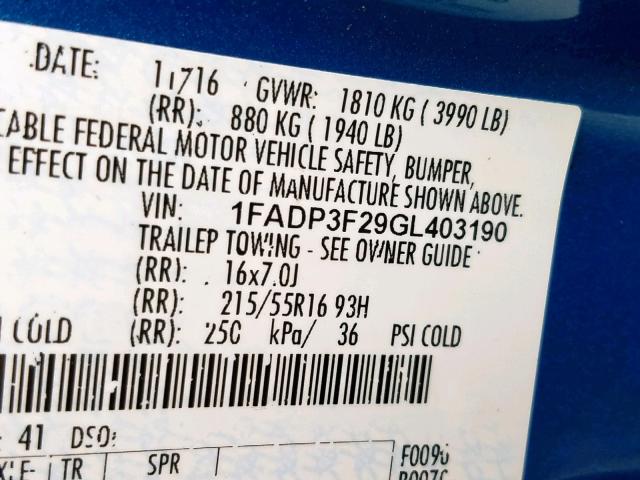 1FADP3F29GL403190 - 2016 FORD FOCUS SE BLUE photo 10