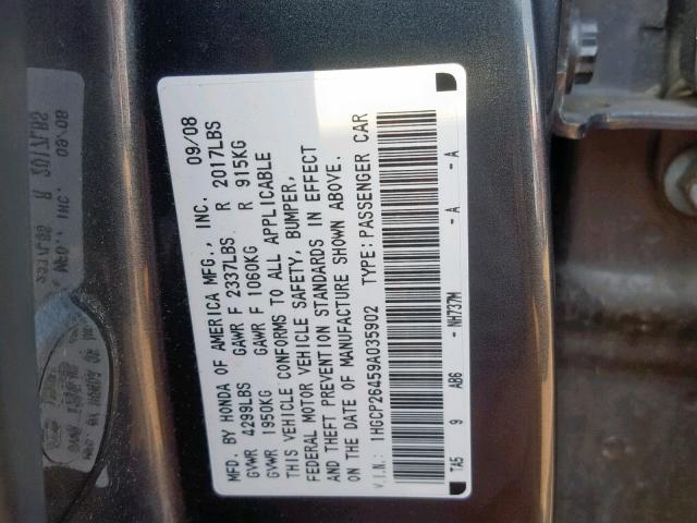 1HGCP26459A035902 - 2009 HONDA ACCORD LXP GRAY photo 10