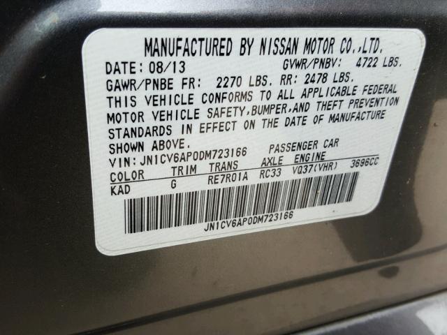 JN1CV6AP0DM723166 - 2013 INFINITI G37 BASE GRAY photo 10