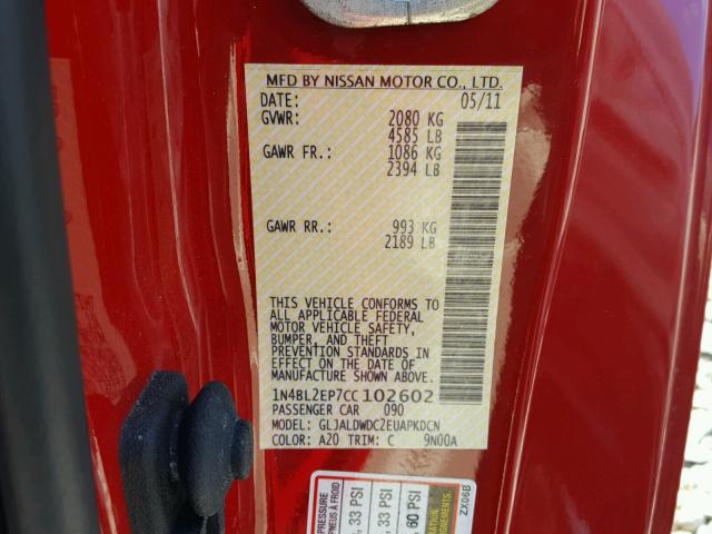 1N4BL2EP7CC102602 - 2012 NISSAN ALTIMA SR RED photo 10