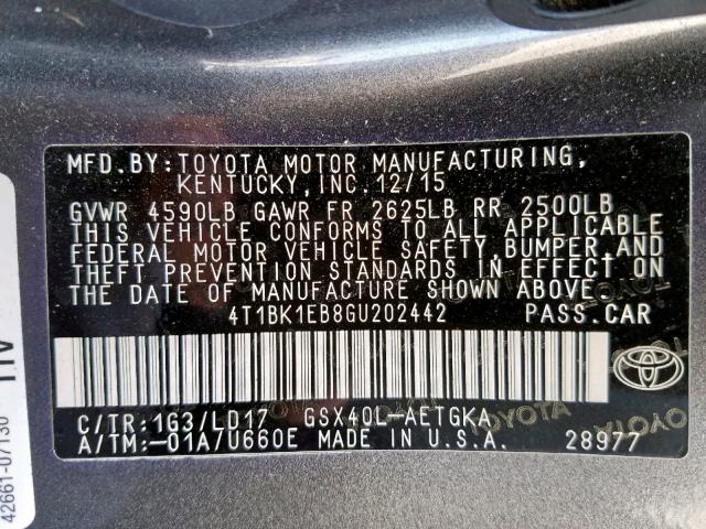 4T1BK1EB8GU202442 - 2016 TOYOTA AVALON XLE GRAY photo 10