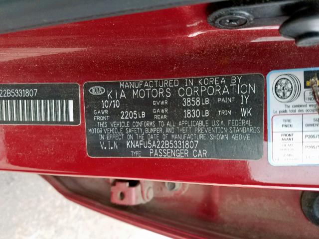 KNAFU5A22B5331807 - 2011 KIA FORTE EX RED photo 10