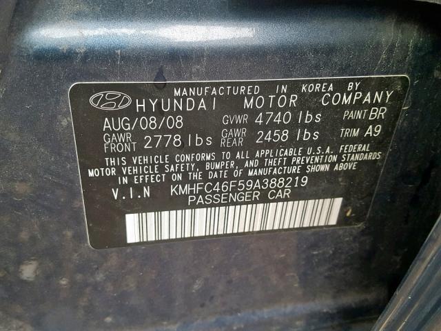 KMHFC46F59A388219 - 2009 HYUNDAI AZERA SE BLUE photo 10