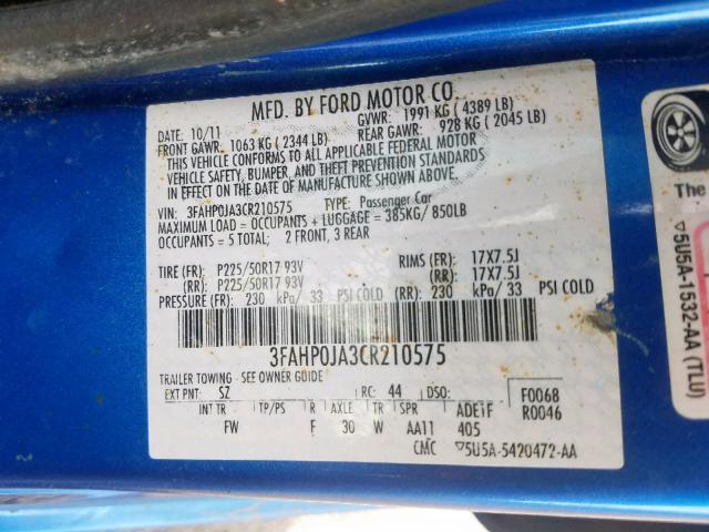 3FAHP0JA3CR210575 - 2012 FORD FUSION SEL BLUE photo 10