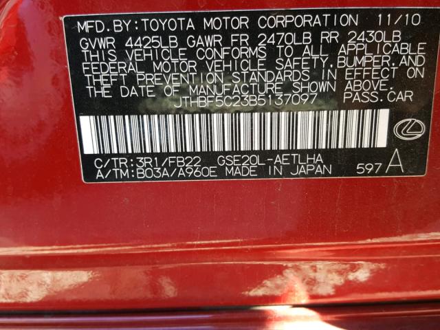 JTHBF5C23B5137097 - 2011 LEXUS IS 250 RED photo 10