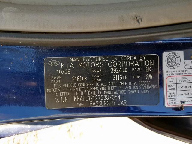 KNAFE121275387054 - 2007 KIA SPECTRA EX BLUE photo 10