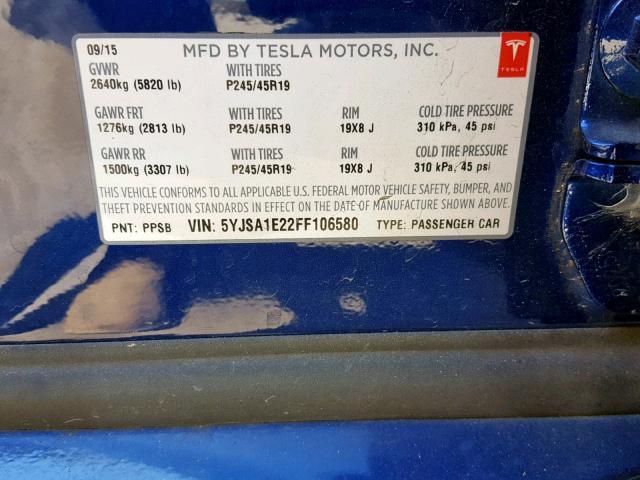 5YJSA1E22FF106580 - 2015 TESLA MODEL S Mavi foto 10