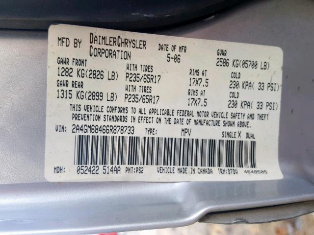 2A4GM68466R878733 - 2006 CHRYSLER PACIFICA T SILVER photo 10