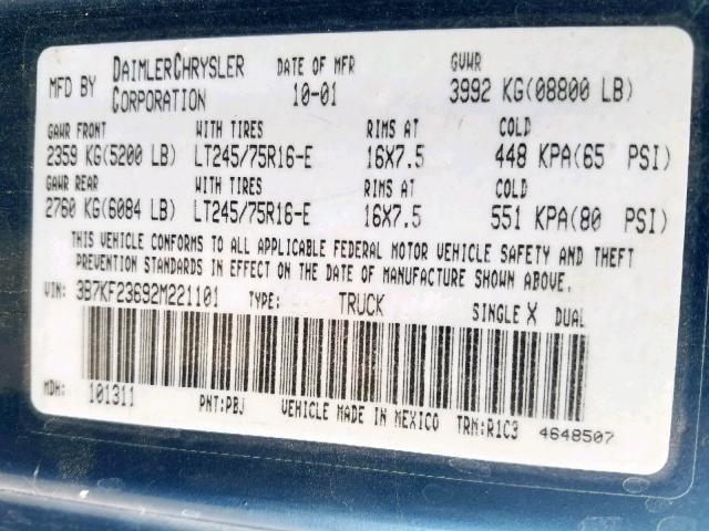 3B7KF23692M221101 - 2002 DODGE RAM 2500 BLUE photo 10