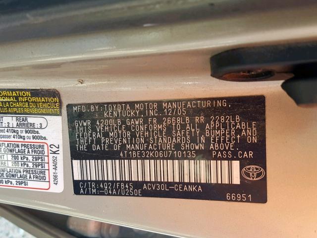 4T1BE32K06U710135 - 2006 TOYOTA CAMRY LE SILVER photo 10