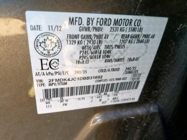 2FMDK4JC1DBB31692 - 2013 FORD EDGE SEL GRAY photo 10