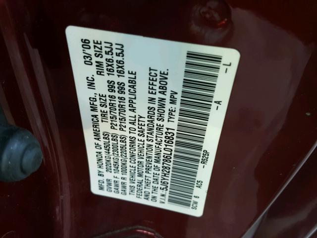 5J6YH28786L016831 - 2006 HONDA ELEMENT EX BURGUNDY photo 10