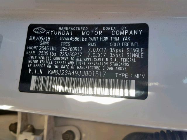 KM8J23A49JU801517 - 2018 HYUNDAI TUCSON SE WHITE photo 10