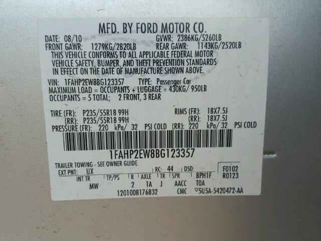 1FAHP2EW8BG123357 - 2011 FORD TAURUS SEL SILVER photo 10