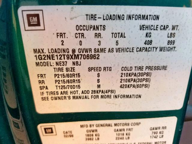 1G2NE12T9XM706962 - 1999 PONTIAC GRAND AM S GREEN photo 10