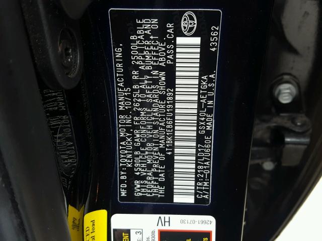 4T1BK1EB6FU191892 - 2015 TOYOTA AVALON XLE BLACK photo 10