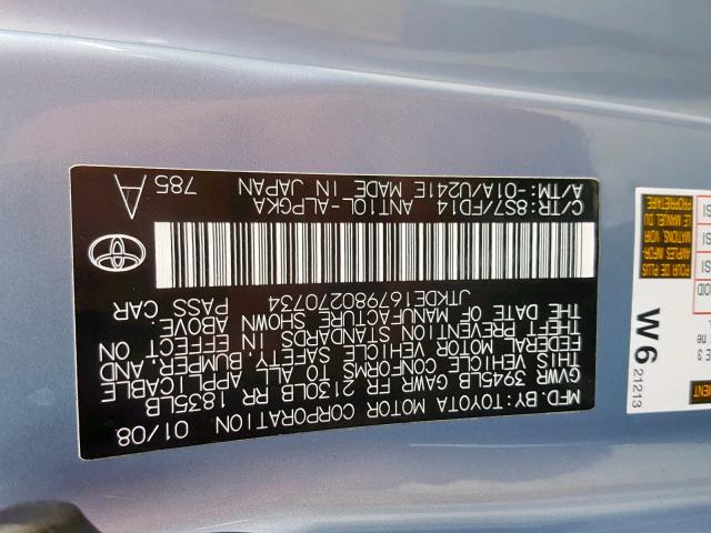 JTKDE167980270734 - 2008 TOYOTA SCION TC ლურჯი ფოტო 10