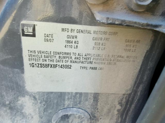 1G1ZS58FX8F143062 - 2008 CHEVROLET MALIBU LS GRAY photo 10