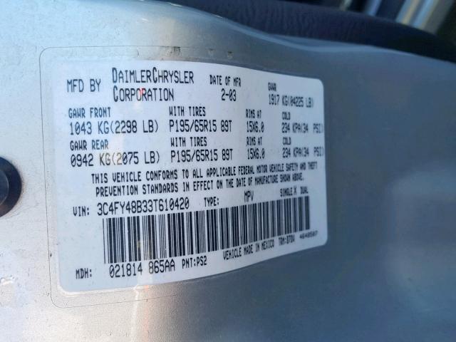 3C4FY48B33T610420 - 2003 CHRYSLER PT CRUISER SILVER photo 10