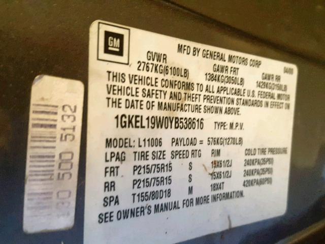 1GKEL19W0YB538616 - 2000 GMC SAFARI XT BROWN photo 10