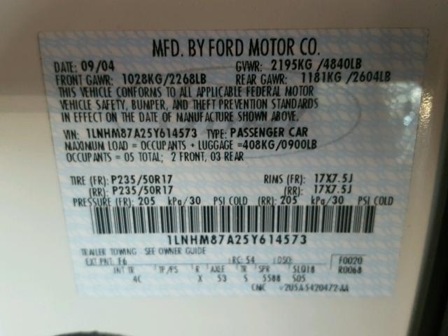 1LNHM87A25Y614573 - 2005 LINCOLN LS WHITE photo 10