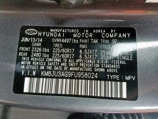 KM8JU3AG9FU958024 - 2015 HYUNDAI TUCSON LIM GRAY photo 10