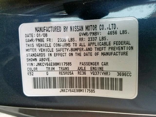 JNKCV64E98M117585 - 2008 INFINITI G37 BASE GRAY photo 10