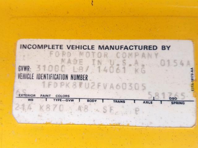 1FDPK87U2FVA60305 - 1985 FORD F8000 YELLOW photo 10