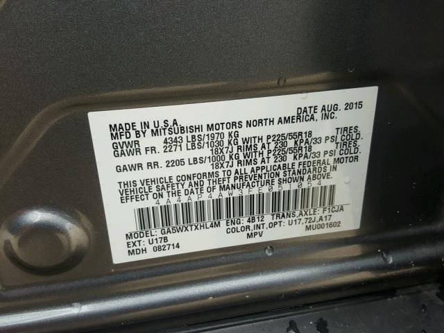 4A4AP4AW3FE051054 - 2015 MITSUBISHI OUTLANDER GRAY photo 10