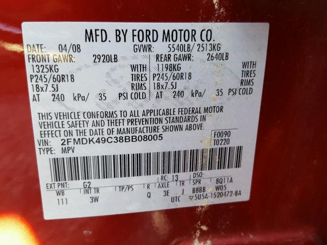 2FMDK49C38BB08005 - 2008 FORD EDGE LIMIT RED photo 10