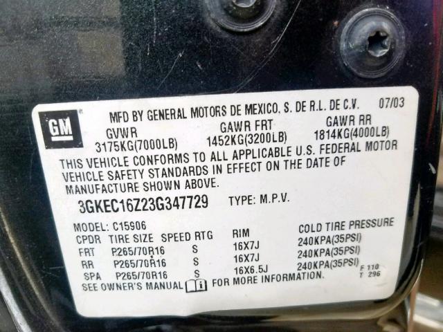 3GKEC16Z23G347729 - 2003 GMC YUKON XL C GRAY photo 10