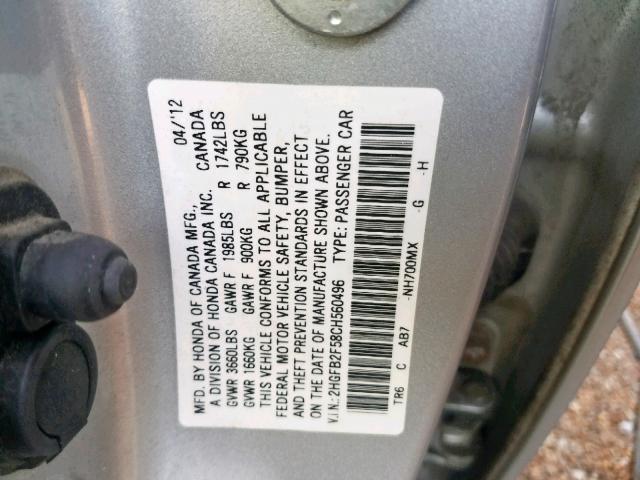 2HGFB2F58CH560496 - 2012 HONDA CIVIC LX SILVER photo 10