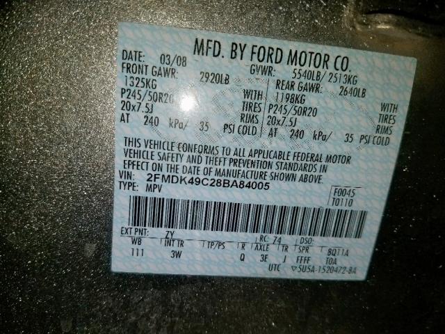 2FMDK49C28BA84005 - 2008 FORD EDGE LIMIT SILVER photo 10