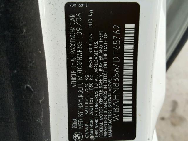 WBAHN83567DT65762 - 2007 BMW 750 WHITE photo 10