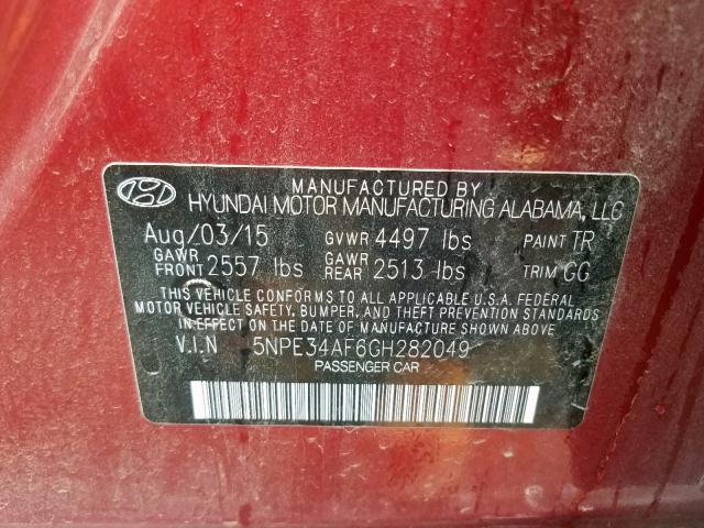 5NPE34AF6GH282049 - 2016 HYUNDAI SONATA SPO MAROON photo 10