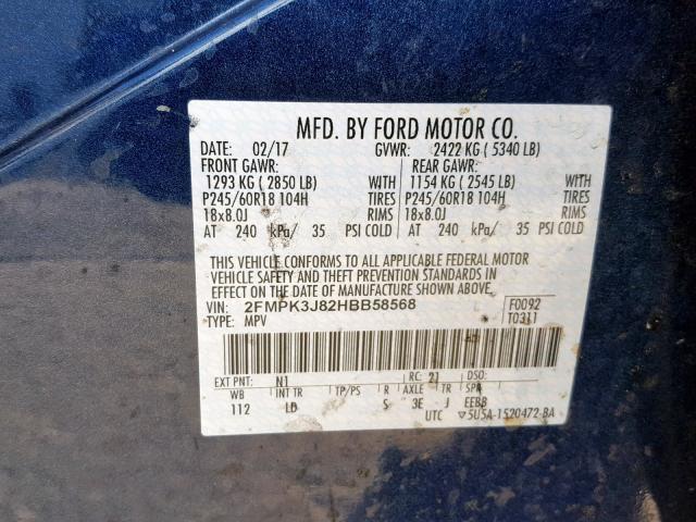 2FMPK3J82HBB58568 - 2017 FORD EDGE SEL BLACK photo 10