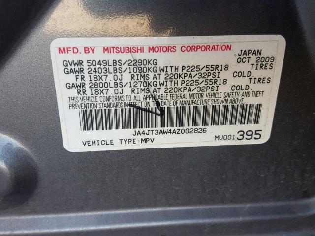 JA4JT3AW4AZ002826 - 2010 MITSUBISHI OUTLANDER GRAY photo 10