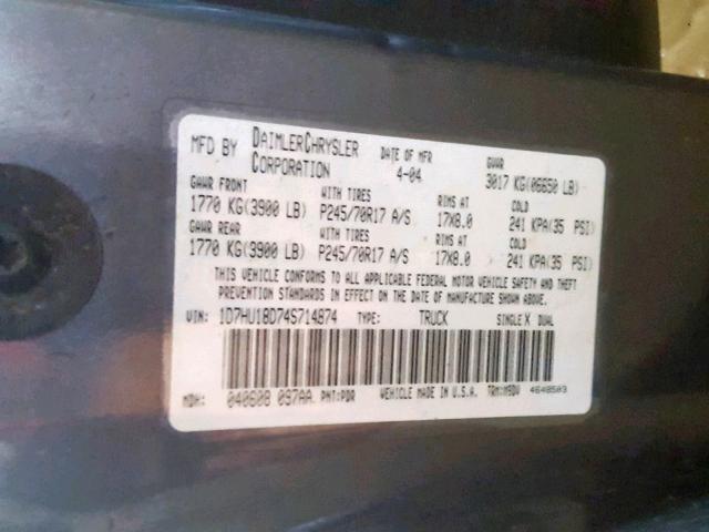 1D7HU18D74S714874 - 2004 DODGE RAM 1500 S GRAY photo 10