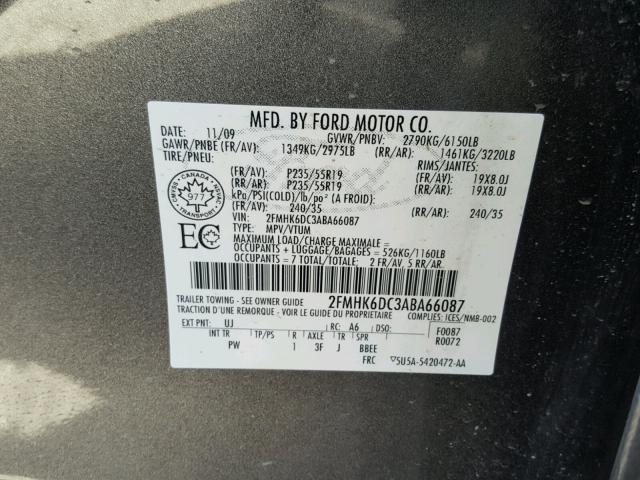 2FMHK6DC3ABA66087 - 2010 FORD FLEX LIMIT GRAY photo 10