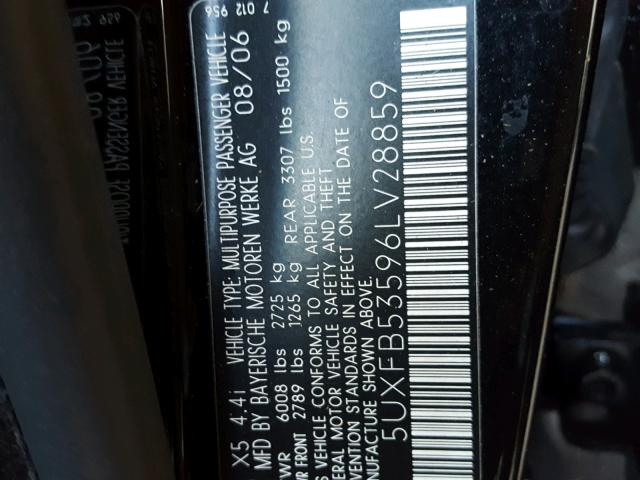 5UXFB53596LV28859 - 2006 BMW X5 4.4I BLACK photo 10