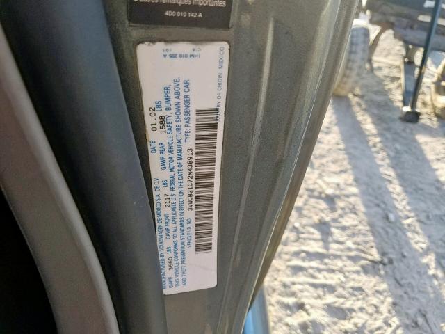 3VWCB21C72M438913 - 2002 VOLKSWAGEN NEW BEETLE ნაცრისფერი ფოტო 10