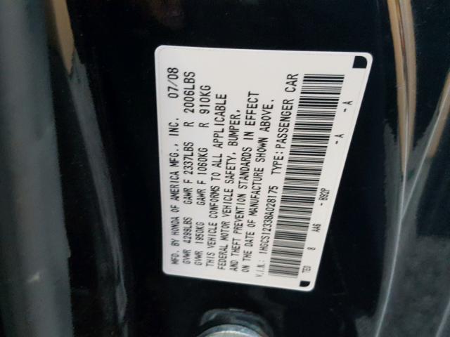 1HGCS12338A028175 - 2008 HONDA ACCORD LX- BLACK photo 10