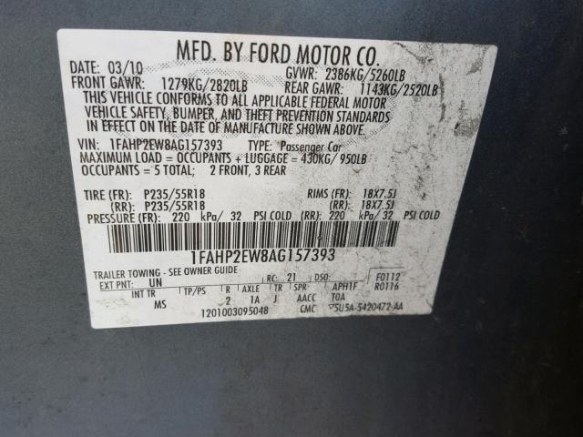 1FAHP2EW8AG157393 - 2010 FORD TAURUS SEL BLUE photo 10