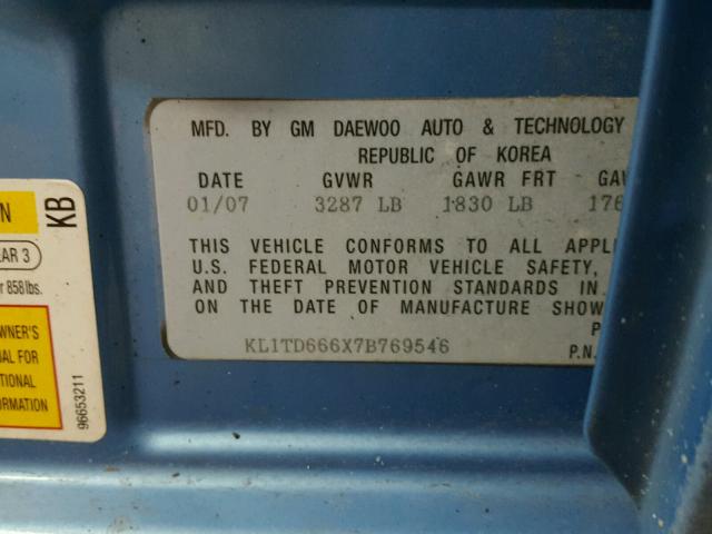 KL1TD666X7B769546 - 2007 CHEVROLET AVEO BASE Көк фото 10