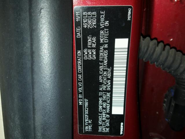 YV1622FS0C2116617 - 2012 VOLVO S60 T5 RED photo 10